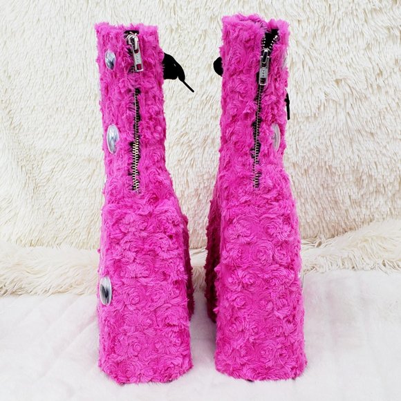 Hot Pink Furry Platform Monster Punk Ankle Boots - Picture 4 of 10